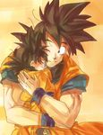  ake_(ake54) black_eyes black_hair closed_eyes dougi dragon_ball dragon_ball_z eyebrows_visible_through_hair father_and_son happy hug looking_at_another male_focus multiple_boys one_eye_closed orange_background simple_background smile son_gokuu son_goten spiked_hair traditional_media watercolor_(medium) wristband 