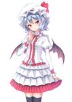  bat_wings black_legwear blue_hair center_frills closed_mouth frilled_skirt frills hand_up hat hat_ribbon head_tilt highres juliet_sleeves junior27016 layered_skirt long_sleeves looking_at_viewer miniskirt mob_cap neck_ribbon puffy_sleeves red_eyes red_ribbon remilia_scarlet ribbon simple_background skirt smile solo standing thighhighs touhou white_background white_hat white_skirt wings wrist_cuffs zettai_ryouiki 