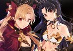  bare_shoulders between_breasts black_background black_hair blonde_hair bow breasts bridal_gauntlets cape choker cleavage cloak closed_mouth collarbone crown detached_collar detached_sleeves dual_persona earrings elbow_gloves ereshkigal_(fate/grand_order) eyebrows_visible_through_hair fate/grand_order fate_(series) fingerless_gloves gloves hair_bow hair_ribbon hand_on_hip hood hooded_cloak hoodie ishtar_(fate/grand_order) jewelry long_hair looking_at_viewer medium_breasts midriff multiple_girls navel red_eyes ribbon simple_background single_elbow_glove skull smile spine strapless tubetop twintails two_side_up yang-do 