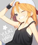  ;d arm_support arm_up backwards_hat bare_arms bare_shoulders baseball_cap black_tank_top blue_shorts blush character_name commentary_request doremi grey_background grin hair_between_eyes hair_through_headwear hat idolmaster idolmaster_cinderella_girls korean_commentary looking_at_viewer looking_to_the_side one_eye_closed open_mouth orange_hair purple_eyes shorts simple_background sitting sleeveless smile solo star strap_slip tank_top tomboy wristband yuuki_haru 