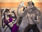  2017 abs anthro biceps canine clothed clothing digital_media_(artwork) duo eye_contact female fight fish hair hi_res kick male mammal marine marsel-defender muscular muscular_male pecs shark smile wolf 