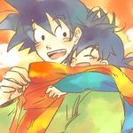  :d ake_(ake54) black_eyes black_hair blue_shirt blush blush_stickers closed_eyes dragon_ball dragon_ball_z eyebrows_visible_through_hair father_and_son green_shirt happy hug hug_from_behind looking_at_another looking_back lowres multiple_boys open_mouth scarf shirt short_hair smile son_gokuu son_goten spiked_hair traditional_media watercolor_(medium) 