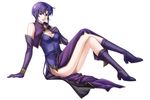  bare_shoulders blue_eyes boots bracer breasts cleavage dress earrings elbow_gloves fire_emblem fire_emblem:_rekka_no_ken gloves highres jewelry knee_boots large_breasts legs no_panties purple_eyes purple_hair short_hair side_slit simple_background smile solo tamamon thighs ursula_(fire_emblem) white_background 