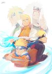  absurdres bandaged_arm bandages blonde_hair blue_eyes closed_mouth commentary_request facial_mark gorgeous_mushroom grin hand_up headband highres holding holding_weapon jacket jiraiya kunai long_hair long_sleeves looking_at_viewer male_focus multiple_boys namikaze_minato naruto naruto_(series) one_eye_closed open_mouth orange_jacket rasengan reverse_grip signature silver_hair simple_background smile thumbs_up uzumaki_naruto weapon whisker_markings white_background 