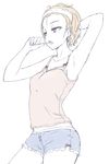  armpits bare_arms bare_shoulders boyshorts brown_hair brushing_teeth camisole commentary_request contrapposto cowboy_shot half-closed_eyes hand_behind_head hi_iro original purple_eyes short_hair simple_background solo standing towel towel_on_head white_background 