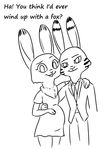  2016 anthro arm_around_shoulders belly big_belly black_and_white clothed clothing dewlap dialogue dipstick_ears disney duo ear_markings english_text facial_markings female hand_on_stomach jack_savage judy_hopps lagomorph looking_at_viewer male mammal markings monochrome necktie pregnant rabbit simple_background suit talking_to_viewer text tggeko white_background zootopia 