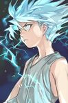  bare_arms bare_shoulders blue_eyes blue_hair closed_mouth electricity from_side grey_shirt hair_between_eyes hankuri hunter_x_hunter killua_zoldyck looking_away male_focus shirt solo sparks spiked_hair tank_top upper_body 