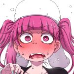  1girl bleach blush dokugamine_riruka female hanya_(hanya_yashiki) hat long_hair looking_at_viewer pink_eyes pink_hair shiny simple_background solo sweat sweatdrop twintails 