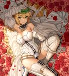  ahoge bare_shoulders blonde_hair breasts bridal_veil detached_sleeves fate/grand_order fate_(series) flower full-length_zipper gloves green_eyes hair_intakes head_wreath holding holding_key key large_breasts leotard lock looking_at_viewer lying nero_claudius_(bride)_(fate) nero_claudius_(fate)_(all) npcpepper on_back padlock red_flower rose showgirl_skirt smile solo strapless strapless_leotard thighhighs veil white_gloves white_legwear white_leotard white_sleeves wide_sleeves zipper 