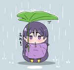  :o bangs blush chibi commentary_request eyebrows_visible_through_hair fate/grand_order fate_(series) full_body hair_between_eyes highres holding holding_leaf jitome leaf leaf_umbrella long_hair looking_at_viewer low-tied_long_hair minamoto_no_raikou_(fate/grand_order) minigirl parted_lips partially_translated purple_eyes purple_hair rain raincoat rei_(rei_rr) solo standing translation_request 