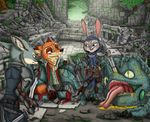  2017 absurd_res anthro blood canine claws clothed clothing disney dragon fan_character female fox fur hi_res judy_hopps lagomorph male mammal melee_weapon monster_hunters nick_wilde rabbit scar simple_background sword weapon ziegelzeig zootopia 