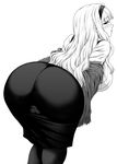  ass bent_over blush breasts cameltoe greyscale hairband highres huge_ass idolmaster idolmaster_(classic) keke_(kekekue) large_breasts long_hair looking_at_viewer looking_back monochrome parted_lips pencil_skirt shijou_takane simple_background skirt smile solo thick_thighs thighs white_background wide_hips 