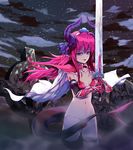  blue_eyes breasts cape commentary_request dragon_girl dragon_horns dragon_tail elizabeth_bathory_(brave)_(fate) elizabeth_bathory_(fate)_(all) fate/grand_order fate_(series) fog highres horns korean_commentary looking_at_viewer navel night night_sky partial_commentary pink_hair roon sky small_breasts tail tombstone 