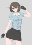  alternate_costume black_gloves blue_eyes breasts brown_hair contrapposto glasses gloves grey_background intirami kantai_collection maya_(kantai_collection) medium_breasts skirt smirk solo standing 