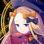  abigail_williams_(fate/grand_order) bangs black_bow black_dress black_hat blonde_hair blue_eyes bow closed_mouth commentary_request dress fate/grand_order fate_(series) forehead hair_bow hat holding holding_stuffed_animal long_hair looking_down miyatsuki_sorako orange_bow parted_bangs smile solo stuffed_animal stuffed_toy teddy_bear 