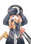  abigail_williams_(fate/grand_order) aiee arms_up bangs black_bow black_dress black_hat blonde_hair blue_eyes blurry blurry_foreground blush bow covering depth_of_field dress fang fate/grand_order fate_(series) hair_bow hands_in_opposite_sleeves hat highres key long_hair long_sleeves looking_at_viewer open_mouth orange_bow parted_bangs polka_dot polka_dot_bow simple_background sleeves_past_wrists solo stuffed_animal stuffed_toy teddy_bear tsurime upper_body v-shaped_eyebrows very_long_hair white_background 