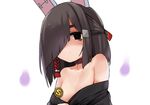  animal_ears azur_lane bangs bare_shoulders black_eyes black_hair black_kimono breasts bunny_ears censored choker closed_mouth collarbone empty_eyes eyebrows fake_animal_ears fire hair_over_one_eye hair_ribbon hitodama japanese_clothes kimono looking_at_viewer moru_(monaka) no_bra no_nose novelty_censor off_shoulder purple_fire red_choker ribbon shiranui_(azur_lane) short_hair simple_background small_breasts solo tareme upper_body white_background 