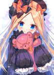  abigail_williams_(fate/grand_order) absurdres bangs black_bow black_dress black_hat blonde_hair blue_eyes blush bow bug butterfly chano_hinano closed_mouth commentary_request dress eyebrows_visible_through_hair fate/grand_order fate_(series) forehead hair_bow hat head_tilt highres holding holding_stuffed_animal insect long_hair long_sleeves looking_at_viewer orange_bow parted_bangs polka_dot polka_dot_bow sleeves_past_fingers sleeves_past_wrists smile solo sparkle stuffed_animal stuffed_toy teddy_bear very_long_hair 