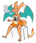  2019 3_toes aimbot-jones anthro belly breasts charizard cigarette claws clothed clothing crop_top deep_navel dragon eyelashes fangs female fire half-closed_eyes membranous_wings navel necktie nintendo pok&eacute;mon pok&eacute;mon_(species) pok&eacute;morph scalie shirt shorts sitting smile smoke smoking solo toe_claws toes valentina_(aimbot-jones) video_games wings 