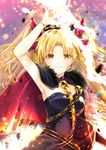  arm_up armpits blonde_hair cape commentary_request ereshkigal_(fate/grand_order) fate/grand_order fate_(series) hair_ribbon highres iroha_(shiki) long_hair looking_up ribbon skull_necklace smile solo spine tiara two_side_up yellow_eyes 