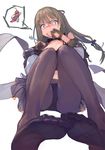  bangs black_panties blush breasts brown_eyes brown_hair brown_legwear choker cleavage collarbone commentary eyebrows_visible_through_hair feet fingerless_gloves from_below gen_(bividgen) girls_frontline gloves hair_between_eyes hair_ornament hairclip hand_to_own_mouth highres holding holding_spoon k-2_(girls_frontline) long_hair looking_at_viewer medium_breasts miniskirt one_side_up panties panties_under_pantyhose pantyhose sidelocks simple_background skirt soles solo spicy spoon stomach tearing_up underwear 