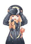  abigail_williams_(fate/grand_order) aiee arms_up bangs black_bow black_dress black_hat blonde_hair blue_eyes blush bow covering dress fang fate/grand_order fate_(series) hair_bow hands_in_opposite_sleeves hat highres long_hair long_sleeves looking_at_viewer open_mouth orange_bow parted_bangs polka_dot polka_dot_bow simple_background sleeves_past_wrists solo stuffed_animal stuffed_toy teddy_bear tsurime upper_body v-shaped_eyebrows very_long_hair white_background 
