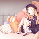  abigail_williams_(fate/grand_order) bangs black_bow black_dress black_footwear black_hat blonde_hair bloomers blue_eyes blush bow bug butterfly closed_mouth commentary_request dress eyebrows_visible_through_hair fate/grand_order fate_(series) forehead hair_bow hat heart heart_pillow insect knees_together_feet_apart kotoba_(610430468) long_hair long_sleeves looking_at_viewer mary_janes object_hug orange_bow parted_bangs pigeon-toed pillow polka_dot polka_dot_bow shoes sitting sleeves_past_wrists solo stuffed_animal stuffed_toy teddy_bear underwear very_long_hair white_bloomers 