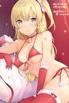  6u_(eternal_land) bell bikini blonde_hair breasts choker front-tie_top gloves long_hair looking_at_viewer medium_breasts one_side_up original purple_eyes red_bikini red_gloves red_legwear sack side-tie_bikini solo swimsuit thighhighs translation_request underboob 