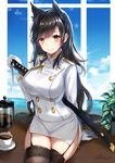  animal_ears arm_support artist_name atago_(azur_lane) azur_lane black_hair black_legwear breasts coffee coffee_press cokecoco commentary cup extra_ears garter_straps gloves hair_ribbon highres large_breasts long_hair looking_at_viewer military military_uniform miniskirt mole mole_under_eye naval_uniform pencil_skirt ribbon signature sitting skirt smile solo sword teacup thighhighs uniform weapon white_gloves yellow_eyes zettai_ryouiki 