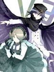  1boy 1girl bangs black_dress black_gloves buttons cloak danganronpa dress duo frills gloves green_eyes grey_hair hair_over_one_eye hat headdress maid maid_headdress matching_hair/eyes necktie new_danganronpa_v3 ouma_kokichi pants purple_eyes purple_hair shirt short_hair side_bangs smile souda_ishi straitjacket tie toujou_kirumi white_shirt 