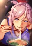  :q blue_hair chopsticks earrings eating fate/grand_order fate_(series) fingernails folded_ponytail hair_ornament highres japanese_clothes jewelry kisaragi_chiyuki looking_at_viewer miyamoto_musashi_(fate/grand_order) solo tongue tongue_out udon 