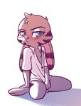  2017 ambiguous_gender anthro blue_eyes blush bottomless chest_tuft clothed clothing covering covering_crotch disney ear_markings facial_markings fuel_(artist) half-closed_eyes head_tuft jack_savage kneeling lagomorph looking_at_viewer mammal markings rabbit shirt_pull simple_background solo tuft white_background zootopia 