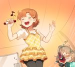  &gt;_&lt; ahoge blush brown_hair closed_eyes collarbone dog eighth_note eyebrows_visible_through_hair green_ribbon hair_bobbles hair_ornament hair_ribbon hakozaki_serika holding_marker idolmaster idolmaster_million_live! kamille_(vcx68) long_hair multiple_girls music musical_note open_mouth parted_lips ribbon short_hair singing smile triangle_mouth twintails yabuki_kana 