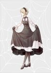  1girl bangs black_dress black_gloves buttons danganronpa dress frills gloves grey_hair hair_over_one_eye headdress maid maid_headdress necktie new_danganronpa_v3 pantyhose shirt shoes short_hair side_bangs smile solo tie toujou_kirumi xiao_illness 