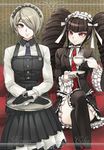  2girls apron bangs black_dress black_gloves black_hair buttons celestia_ludenberck cup danganronpa danganronpa_1 dress drink duo frills gloves green_eyes grey_hair hair_over_one_eye headdress lolita_fashion long_hair machi_(hmc) maid maid_headdress multiple_girls necktie new_danganronpa_v3 red_eyes shirt short_hair side_bangs thighhighs tie tied_hair toujou_kirumi twintails 