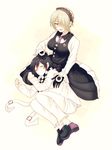  1boy 1girl bangs black_dress black_gloves buttons checkered_scarf danganronpa dress duo frills gloves green_eyes grey_hair hair_over_one_eye happy headdress maid maid_headdress necktie new_danganronpa_v3 pants purple_hair scarf shirt shoes short_hair side_bangs sleeping smile straitjacket tie toujou_kirumi white_shirt 