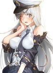  azur_lane bangs bare_shoulders belt between_breasts black_belt black_jacket black_neckwear blush breasts buttons collared_shirt covered_nipples domo1220 dress_shirt enterprise_(azur_lane) eyebrows eyebrows_visible_through_hair grey_skirt hand_on_own_face hat jacket jacket_on_shoulders lips long_hair looking_at_viewer medium_breasts military military_uniform miniskirt necktie necktie_between_breasts off_shoulder one_eye_closed parted_lips peaked_cap pink_lips pleated_skirt purple_eyes shirt silver_hair simple_background skirt sleeveless sleeveless_shirt solo star straight_hair tareme teeth uniform very_long_hair white_background white_hat white_shirt 