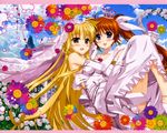  2girls blonde_hair blush breasts bridal_veil brown_hair canon clouds couple crown dress fate_testarossa flower fujima_takuya hair_ornament happy long_hair lyrical_nanoha mahou_shoujo_lyrical_nanoha mahou_shoujo_lyrical_nanoha_vivid married multiple_girls official official_art open_mouth princess_carry purple_eyes red_eyes ribbon side_ponytail sideboob sky smile takamachi_nanoha thighs veil very_long_hair wedding wedding_dress white_dress wife_and_wife yuri 