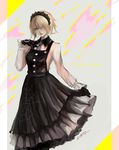  black_dress black_gloves black_hairband blonde_hair danganronpa dress gloves green_eyes hair_over_one_eye hairband highres maid necktie new_danganronpa_v3 nirco shirt short_hair skirt_hold sleeveless sleeveless_dress solo standing toujou_kirumi white_shirt 