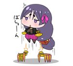  1girl :o absurdly_long_hair breasts chibi claws commentary_request cosplay fate/grand_order fate_(series) hair_ribbon highres jitome jumping large_breasts long_hair looking_at_viewer low-tied_long_hair minamoto_no_raikou_(fate/grand_order) passion_lip passion_lip_(cosplay) puffy_shorts purple_eyes purple_hair rei_(rei_rr) ribbon shorts simple_background solo surprised very_long_hair white_background 