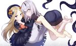  2girls abigail_williams_(fate/grand_order) barefoot blonde_hair bloomers blue_eyes bow dress fate/grand_order fate_(series) hat horns jirusu lavinia_whateley long_hair pink_eyes ribbons short_hair teddy_bear tentacles white_hair 