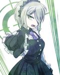  1girl bangs black_dress black_gloves buttons danganronpa dress frills gloves green_eyes grey_hair hair_over_one_eye headdress maid maid_headdress murasaki_hanabi necktie new_danganronpa_v3 open_mouth shirt short_hair side_bangs solo tie toujou_kirumi 