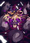  abigail_williams_(fate/grand_order) absurdres bangs black_panties blonde_hair blue_eyes bow bug butterfly commentary_request fate/grand_order fate_(series) hands_clasped hat heterochromia highres insect kamakura_(clupeoidei) keyhole kneeling long_hair orange_bow own_hands_together panties pink_eyes solo tentacles torn_clothes transformation underwear very_long_hair witch_hat 