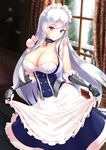  apron apron_lift azur_lane belfast_(azur_lane) blue_eyes braid breasts cleavage collar collarbone damao_yu eyebrows_visible_through_hair french_braid gauntlets highres large_breasts long_hair looking_at_viewer maid maid_apron maid_headdress md5_mismatch smile solo white_hair 