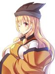  blonde_hair breasts commentary_request hat highres large_breasts liya long_hair long_sleeves looking_at_viewer matara_okina one_eye_closed smile solo tabard touhou upper_body wide_sleeves yellow_eyes 