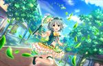  building city gloves gray_hair headband leaves navel staff tagme_(artist) tree 