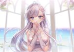  alternate_costume azur_lane bangs bare_shoulders belfast_(azur_lane) blurry blurry_background blush bow braid breasts broken broken_chain chain choker cleavage collarbone commentary_request dress earrings eyebrows_visible_through_hair eyelashes french_braid glint gloves hand_on_own_face happy_tears jewelry long_hair looking_at_viewer medium_breasts own_hands_together parted_lips purple_eyes ring silver_hair single_braid sleeveless sleeveless_dress swept_bangs tearing_up tears tiara tsukigami_runa upper_body wedding_band wedding_dress white_bow white_dress white_gloves window 