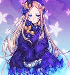  abigail_williams_(fate/grand_order) bangs black_bow black_dress black_hat blonde_hair blue_eyes bow bug butterfly closed_mouth commentary_request dress eyebrows_visible_through_hair fate/grand_order fate_(series) forehead hair_bow hat hibarisann highres insect long_hair long_sleeves looking_at_viewer orange_bow own_hands_together parted_bangs polka_dot polka_dot_bow sleeves_past_fingers sleeves_past_wrists solo very_long_hair 