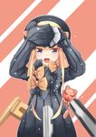  abigail_williams_(fate/grand_order) aiee arms_up bangs black_bow black_dress black_hat blonde_hair blue_eyes blurry blurry_foreground blush bow commentary_request covering depth_of_field dress fang fate/grand_order fate_(series) hair_bow hands_in_opposite_sleeves hat highres key long_hair long_sleeves looking_at_viewer open_mouth orange_background orange_bow parted_bangs polka_dot polka_dot_bow sleeves_past_wrists solo stuffed_animal stuffed_toy teddy_bear tsurime two-tone_background upper_body v-shaped_eyebrows very_long_hair white_background 