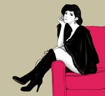  black_hair boots chair chin_rest cross-laced_footwear earrings high_contrast high_heel_boots high_heels jewelry knee_boots lace-up_boots long_hair looking_at_viewer lupin_iii ma2 mine_fujiko multiple_monochrome simple_background sitting sitting_sideways solo 